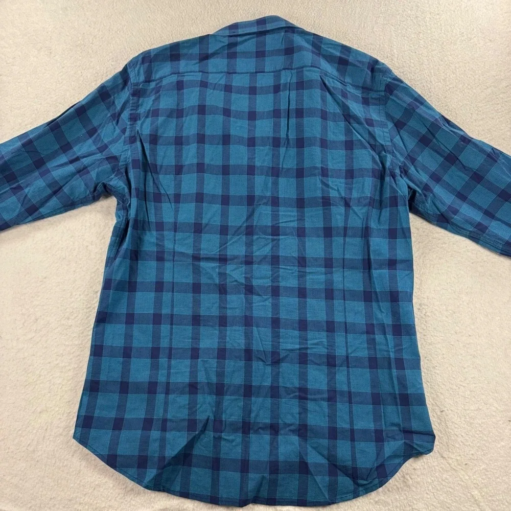 Banana Republic‎ Button Down Mens Medium Teal Blue Tailored Slim Plaid Gingham